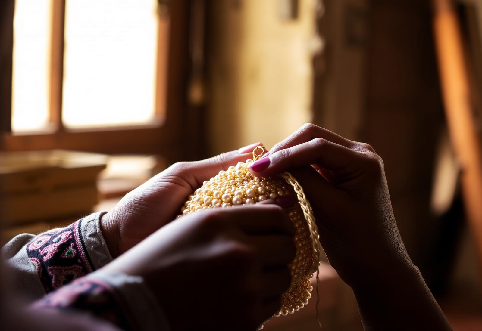 Artisan beading a bag